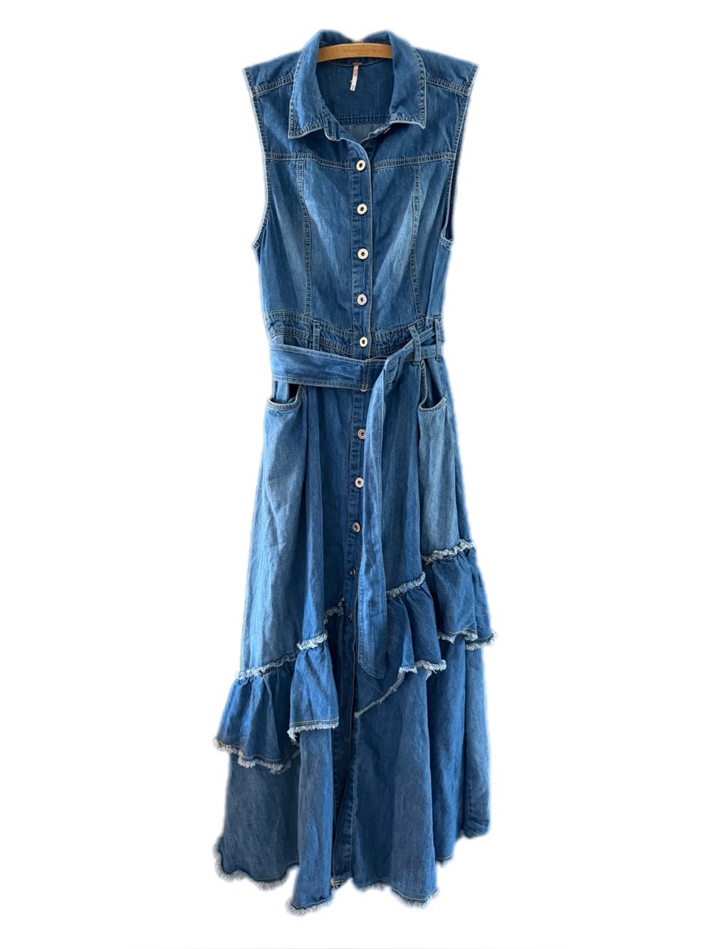 Free People Beau Midi denim asymmetrical tiered dress medium like new - Picture 7 of 16
